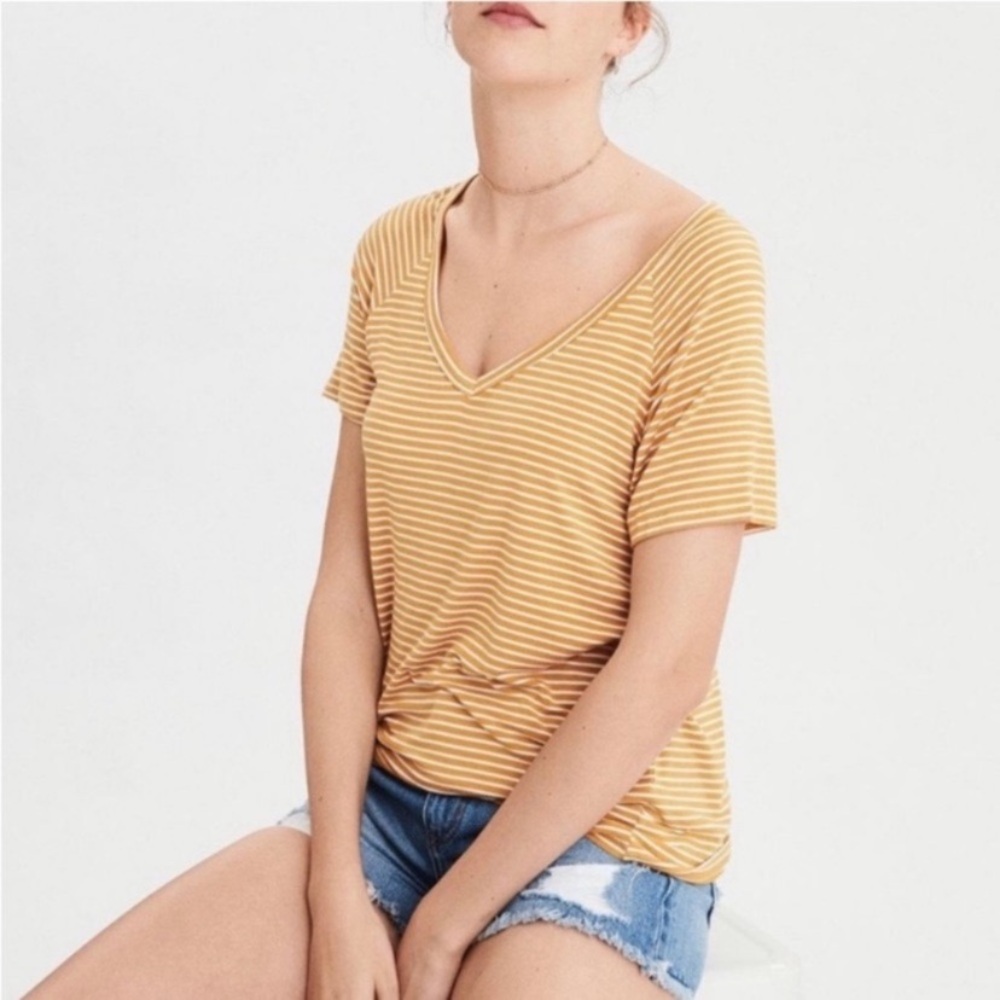 American Eagle • Striped V-Neck Tee